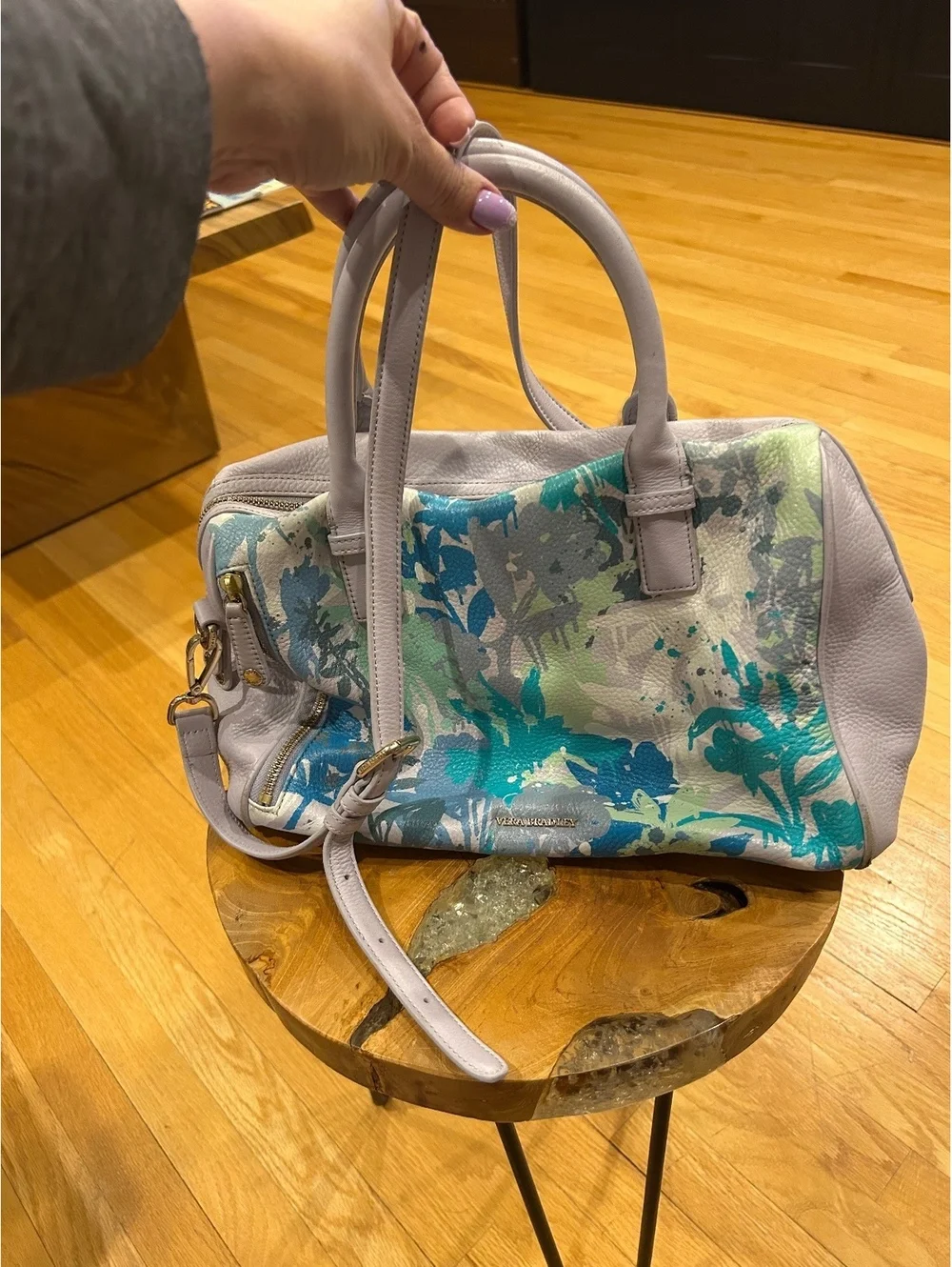 Vera Bradley Floral Pattern Leather Satchel Bag with Shoulder Strap